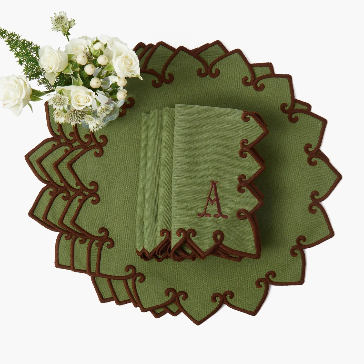 Table Linen Sets | Mrs. Alice Monogram<Mrs. Alice Angelina Forest Green & Brown Placemats & Napkins (Set of 4)