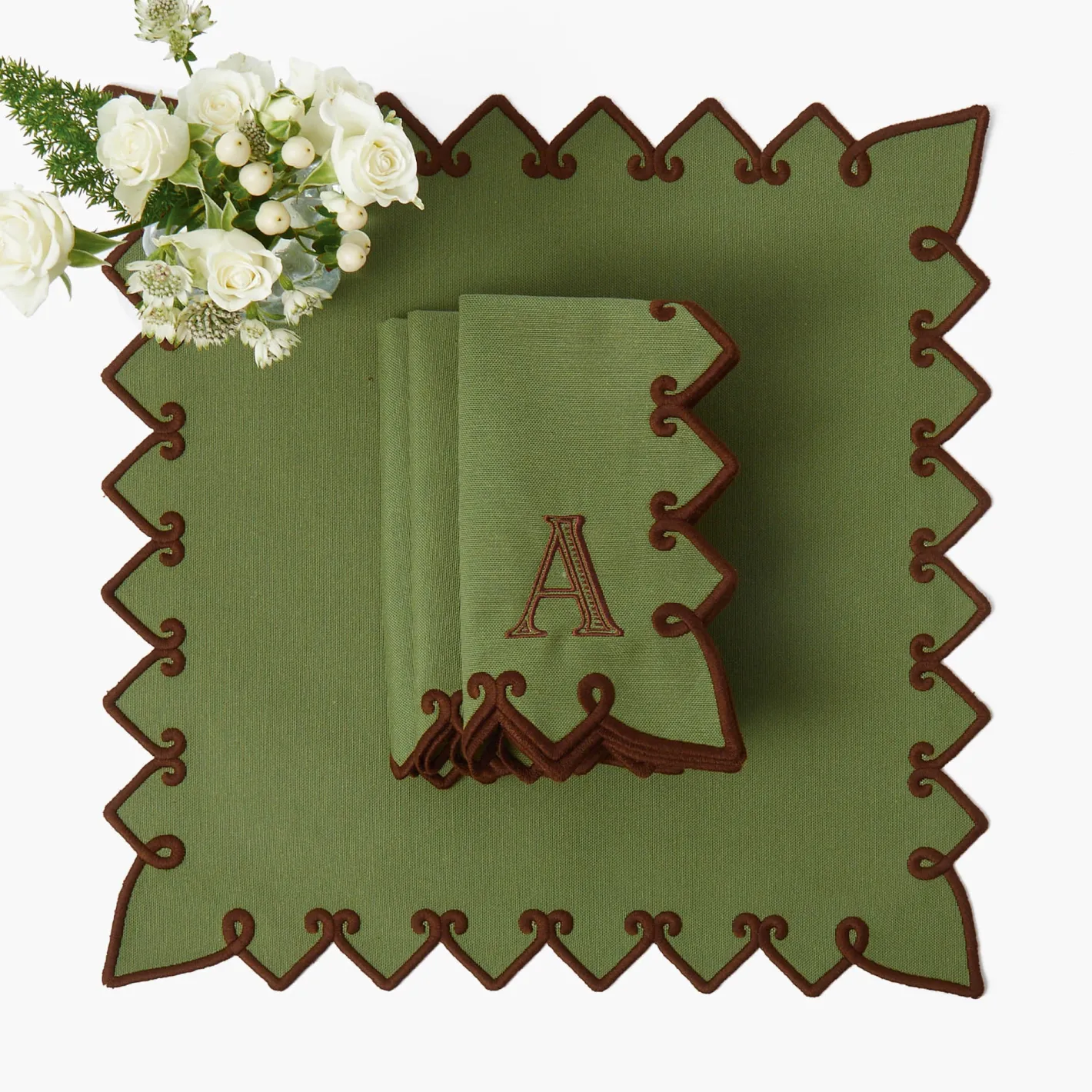 Table Linen Sets | Mrs. Alice Monogram<Mrs. Alice Angelina Forest Green & Brown Placemats & Napkins (Set of 4)