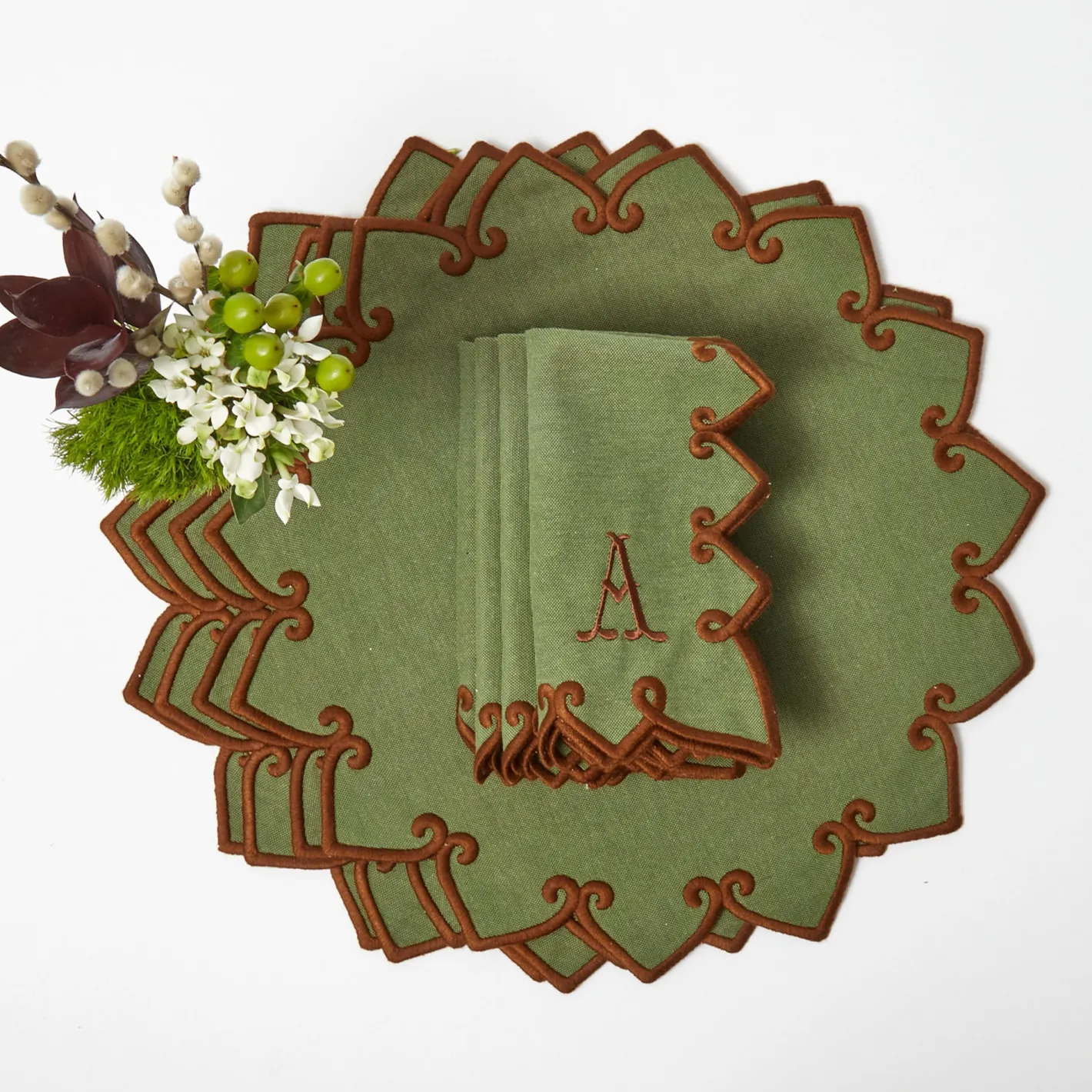 Table Linen Sets | Mrs. Alice Monogram<Mrs. Alice Angelina Forest Green & Brown Placemats & Napkins (Set of 4)