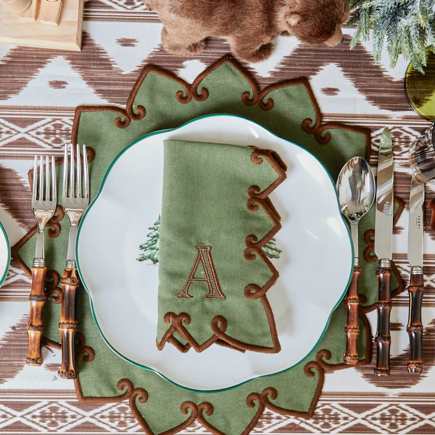 Table Linen Sets | Mrs. Alice Monogram<Mrs. Alice Angelina Forest Green & Brown Placemats & Napkins (Set of 4)