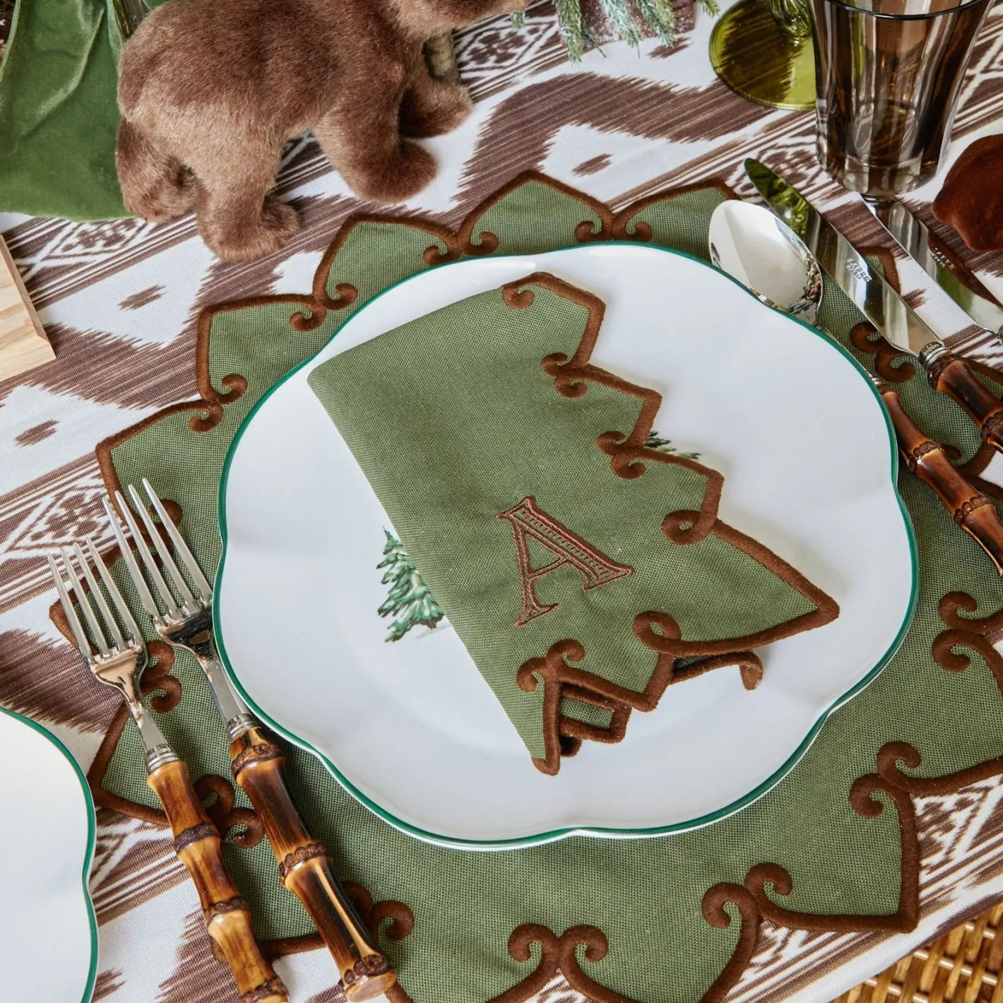 Table Linen Sets | Mrs. Alice Monogram<Mrs. Alice Angelina Forest Green & Brown Placemats & Napkins (Set of 4)