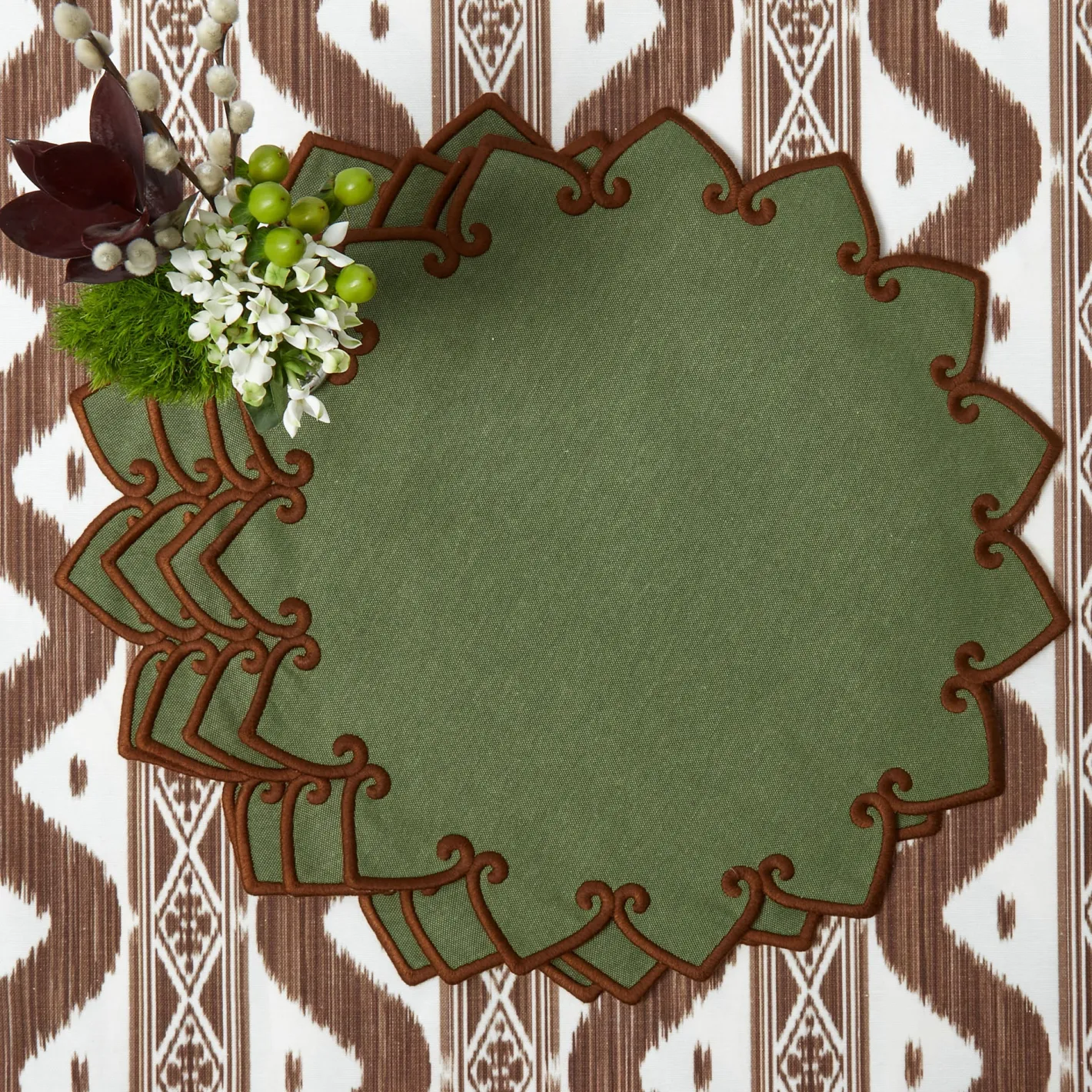 Table Linen Sets | Mrs. Alice Monogram<Mrs. Alice Angelina Forest Green & Brown Placemats & Napkins (Set of 4)