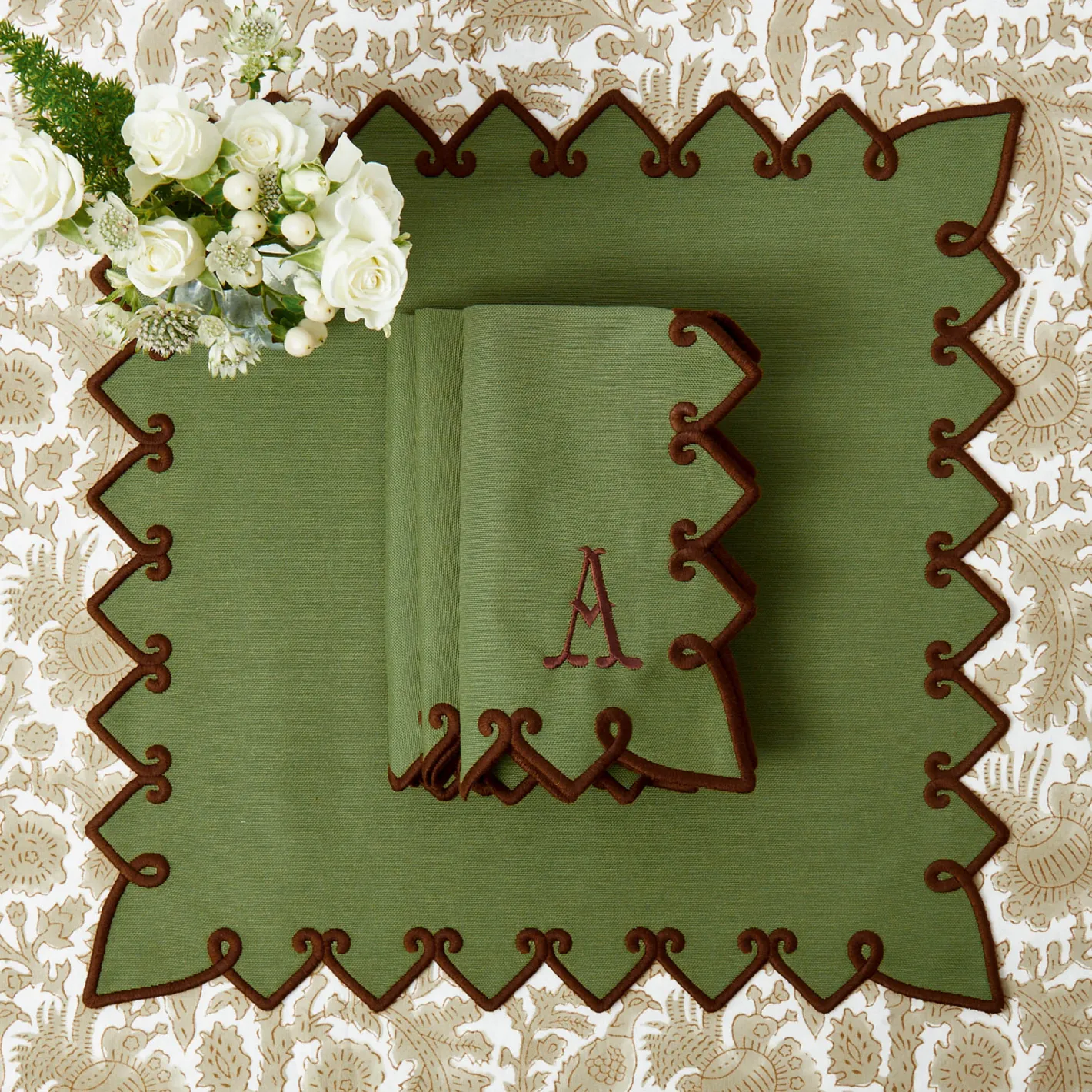 Table Linen Sets | Mrs. Alice Monogram<Mrs. Alice Angelina Forest Green & Brown Placemats & Napkins (Set of 4)