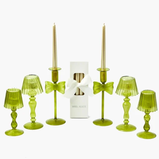 Candles | Candlescapes<Mrs. Alice Celine Green Glass Bow Candlescape (Gold)