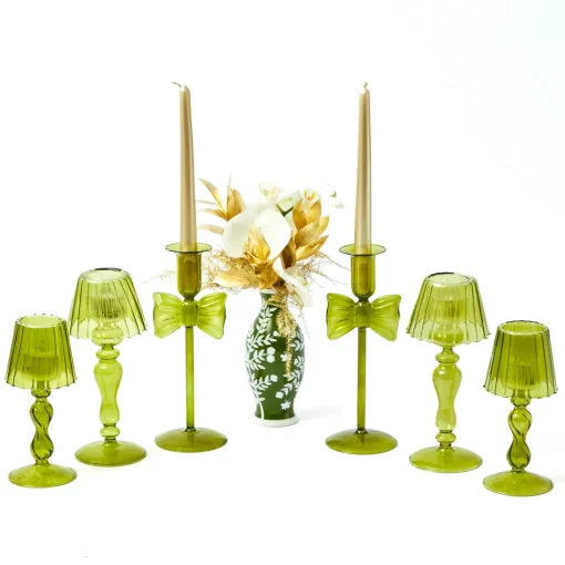 Candles | Candlescapes<Mrs. Alice Celine Green Glass Bow Candlescape (Gold)