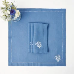 Summer Table Linen | Napkins<Mrs. Alice Coral Blue Linen Napkins (Set of 4)