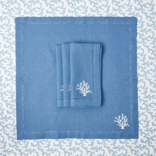 Summer Table Linen | Napkins<Mrs. Alice Coral Blue Linen Napkins (Set of 4)