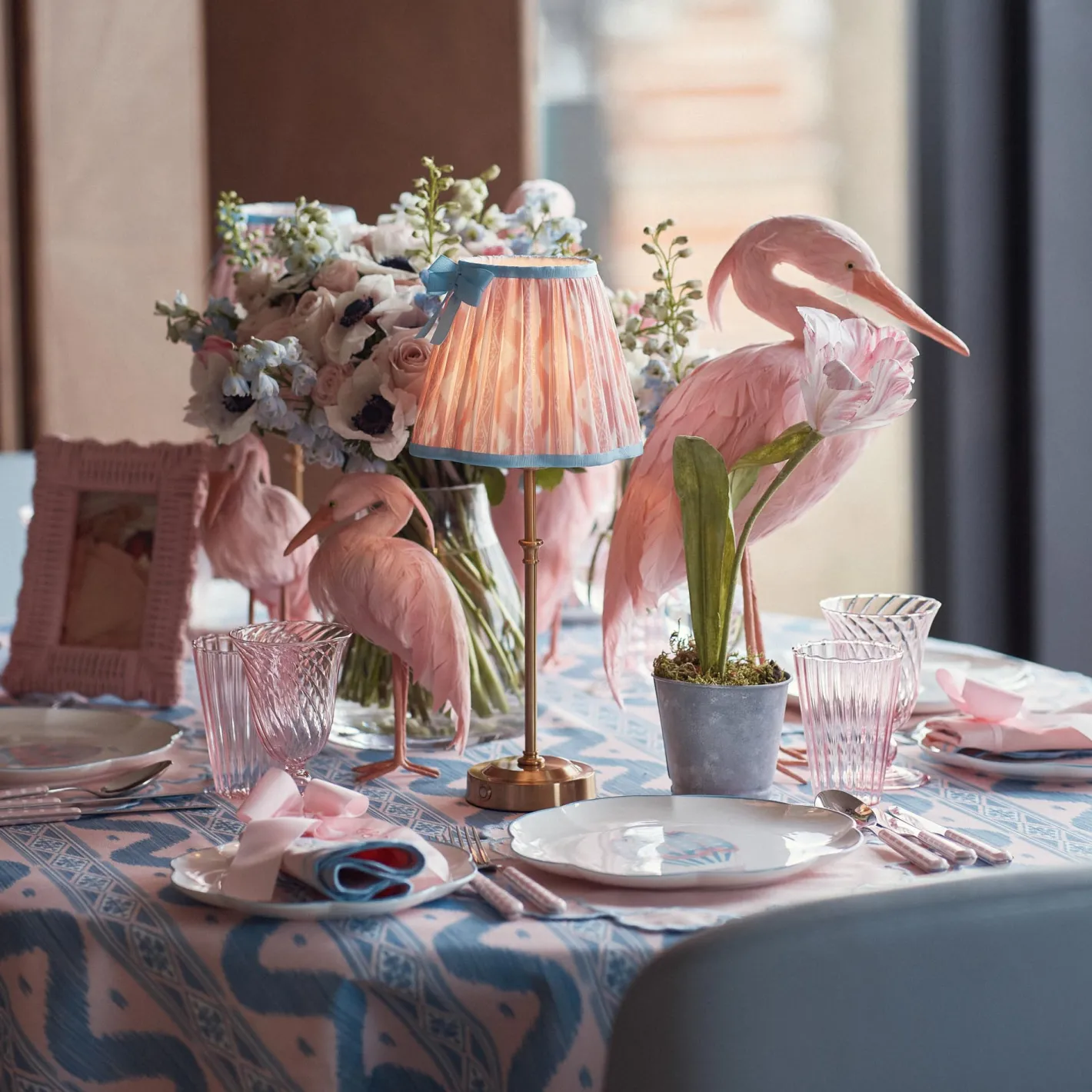 Rechargeable Table Lamps<Mrs. Alice Edie Rechargeable Lamp with Pink & Blue Ikat Bow Shade (18cm)