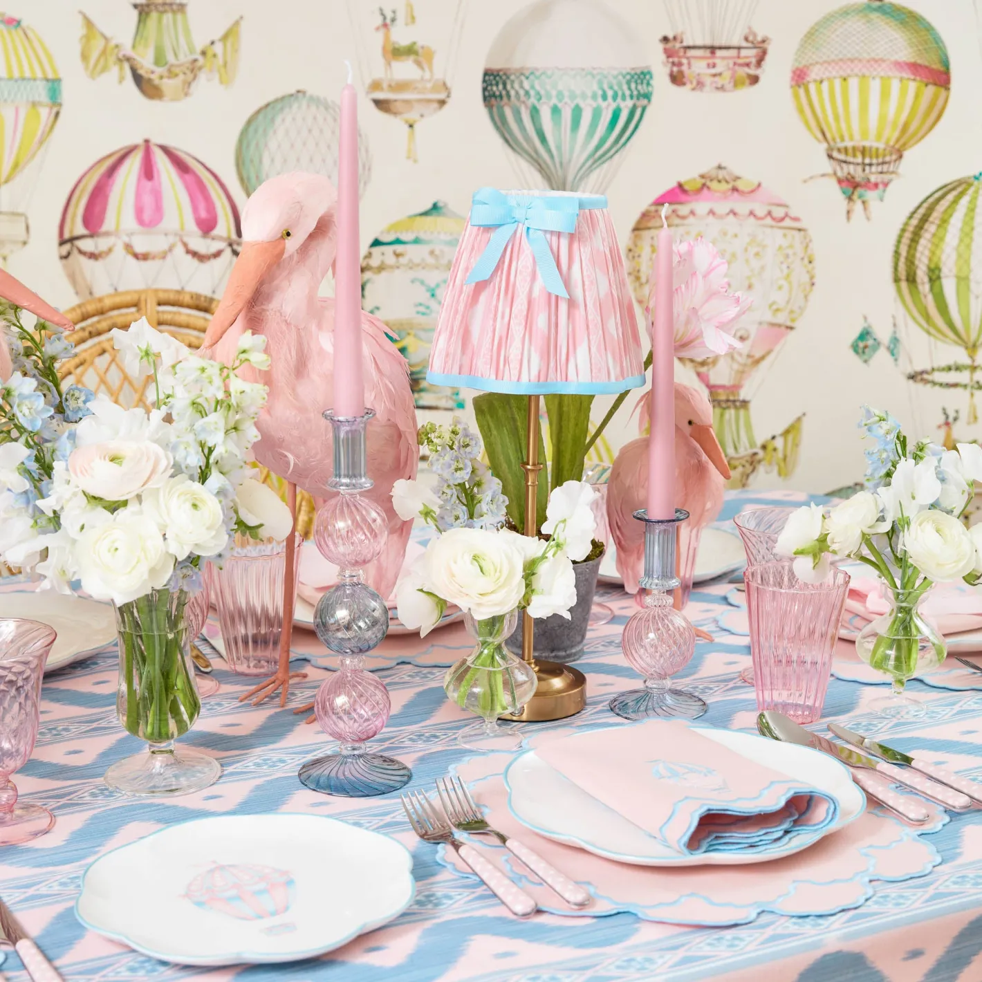 Rechargeable Table Lamps<Mrs. Alice Edie Rechargeable Lamp with Pink & Blue Ikat Bow Shade (18cm)