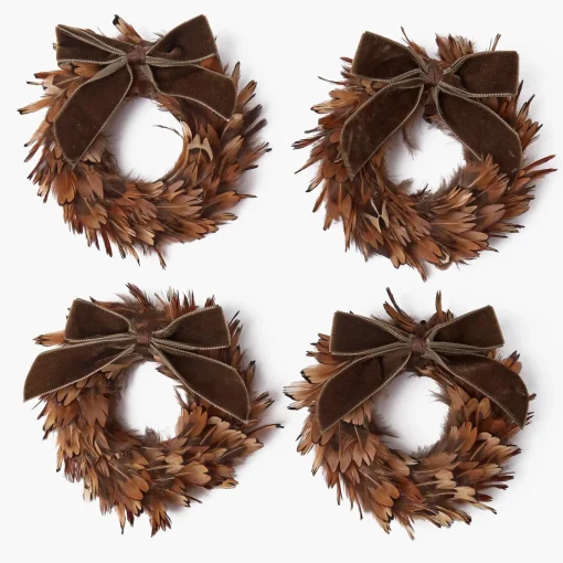 Autumn Decorations<Mrs. Alice Feather Wreath with Chocolate Velvet Bows (Set of 4)