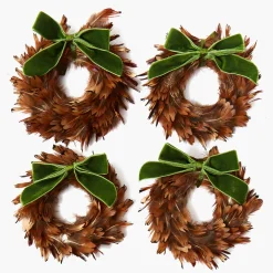 Christmas Decorations<Mrs. Alice Feather Wreaths with Forest Green Velvet Bows (Set of 4)