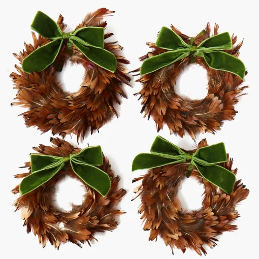 Christmas Decorations<Mrs. Alice Feather Wreaths with Forest Green Velvet Bows (Set of 4)