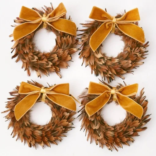 Christmas Decorations<Mrs. Alice Feather Wreaths with Forest Green Velvet Bows (Set of 4)