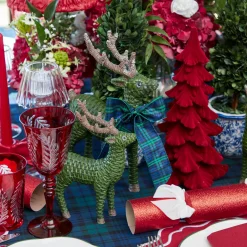 Christmas Decorations<Mrs. Alice Forest Green Rattan Reindeer with Blue Tartan Bows (Pair) - 30cm