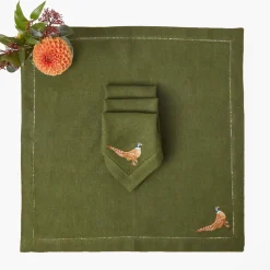 Napkins | For The Hostess<Mrs. Alice Green Embroidered Pheasant Linen Napkins (Set of 4)