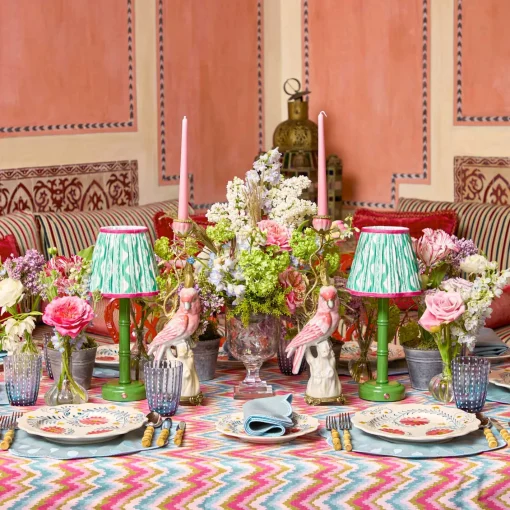 Rechargeable Table Lamps | Summer Lighting<Mrs. Alice Green Leonora Lacquer Rechargeable Lamp with Green & Raspberry Ikat Shade (18cm)