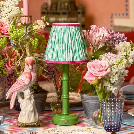 Rechargeable Table Lamps | Summer Lighting<Mrs. Alice Green Leonora Lacquer Rechargeable Lamp with Green & Raspberry Ikat Shade (18cm)