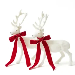Christmas Decorations<Mrs. Alice Large White Flocked Reindeer with Velvet Bows (Pair)