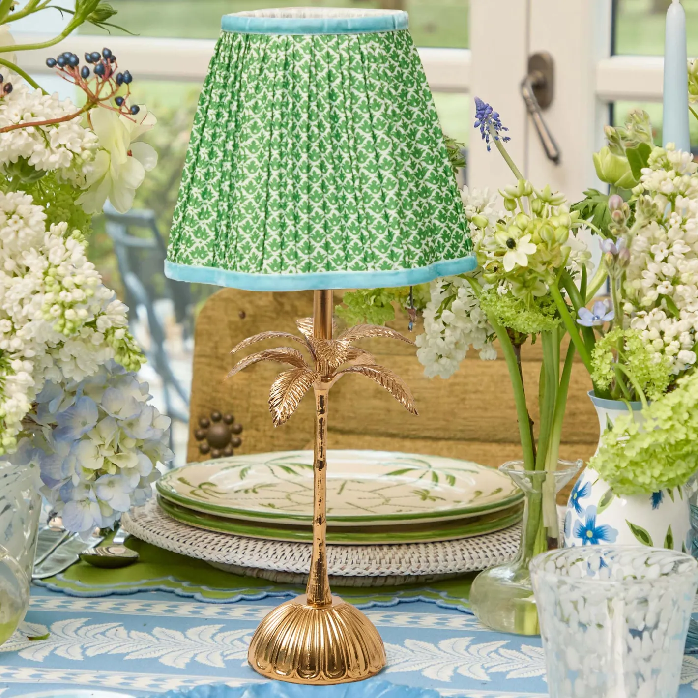 Rechargeable Table Lamps | Summer Lighting<Mrs. Alice Palm Tree Rechargeable Lamp with Green & Blue Lotus Shade (18cm)