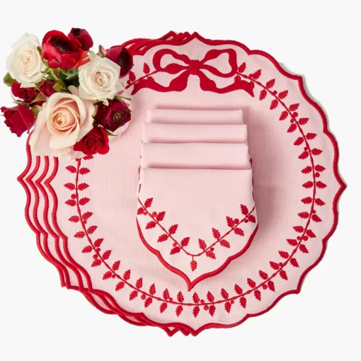 Table Linen Sets<Mrs. Alice Pink & Red Bow Laurel Placemats & Napkins (Set of 4)