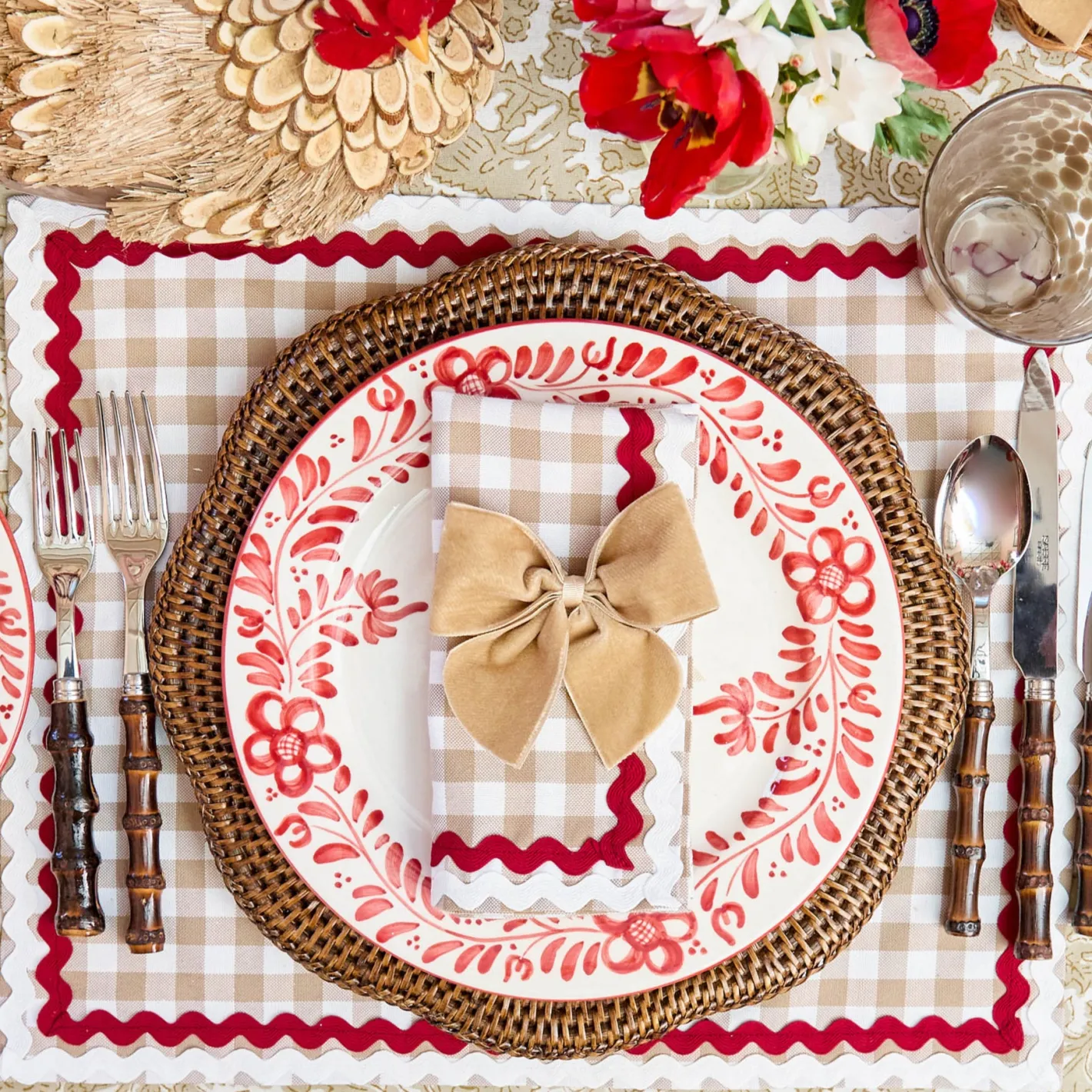 Table Linen Sets<Mrs. Alice Rossina Putty Gingham & Red Placemats & Napkins (Set of 4)