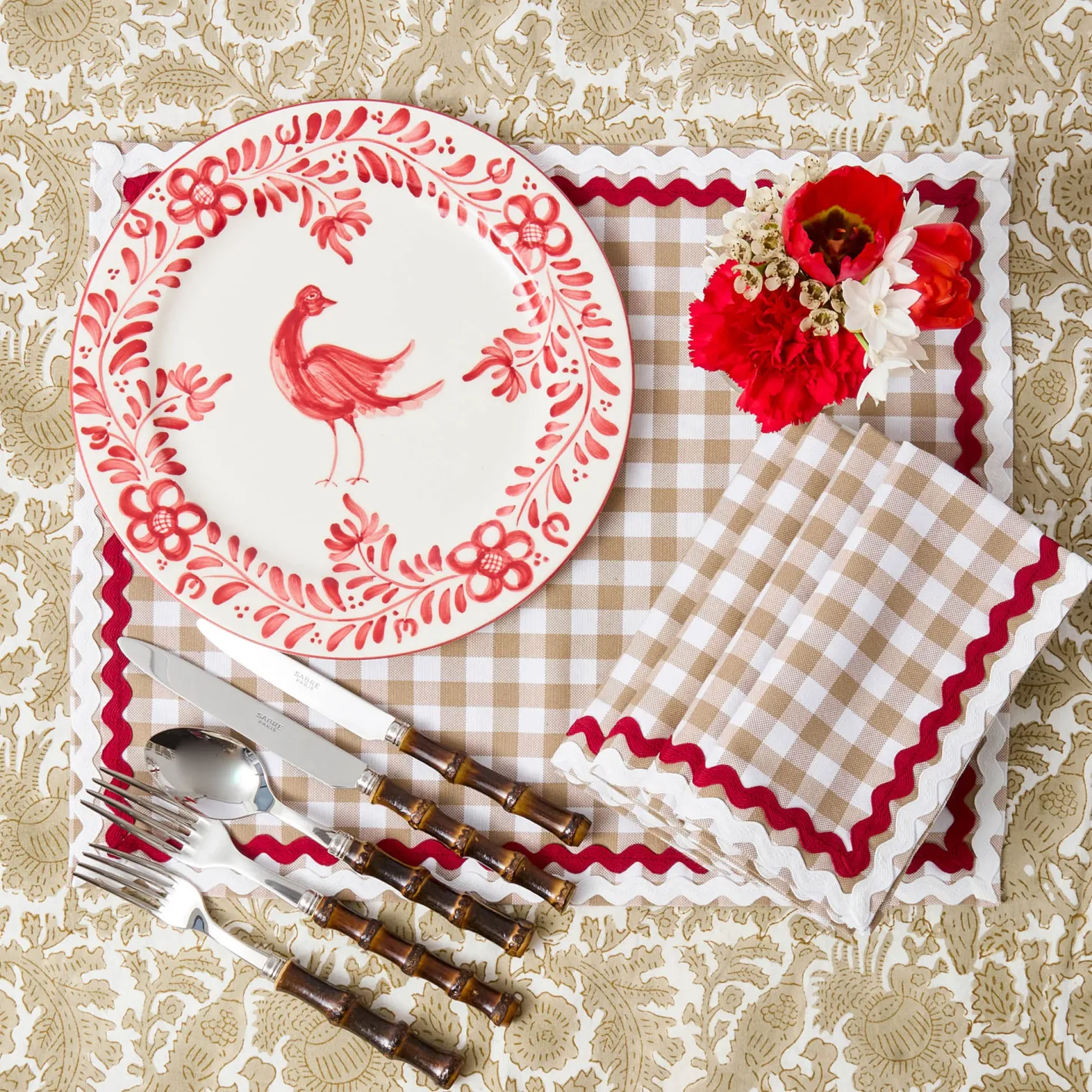Table Linen Sets<Mrs. Alice Rossina Putty Gingham & Red Placemats & Napkins (Set of 4)