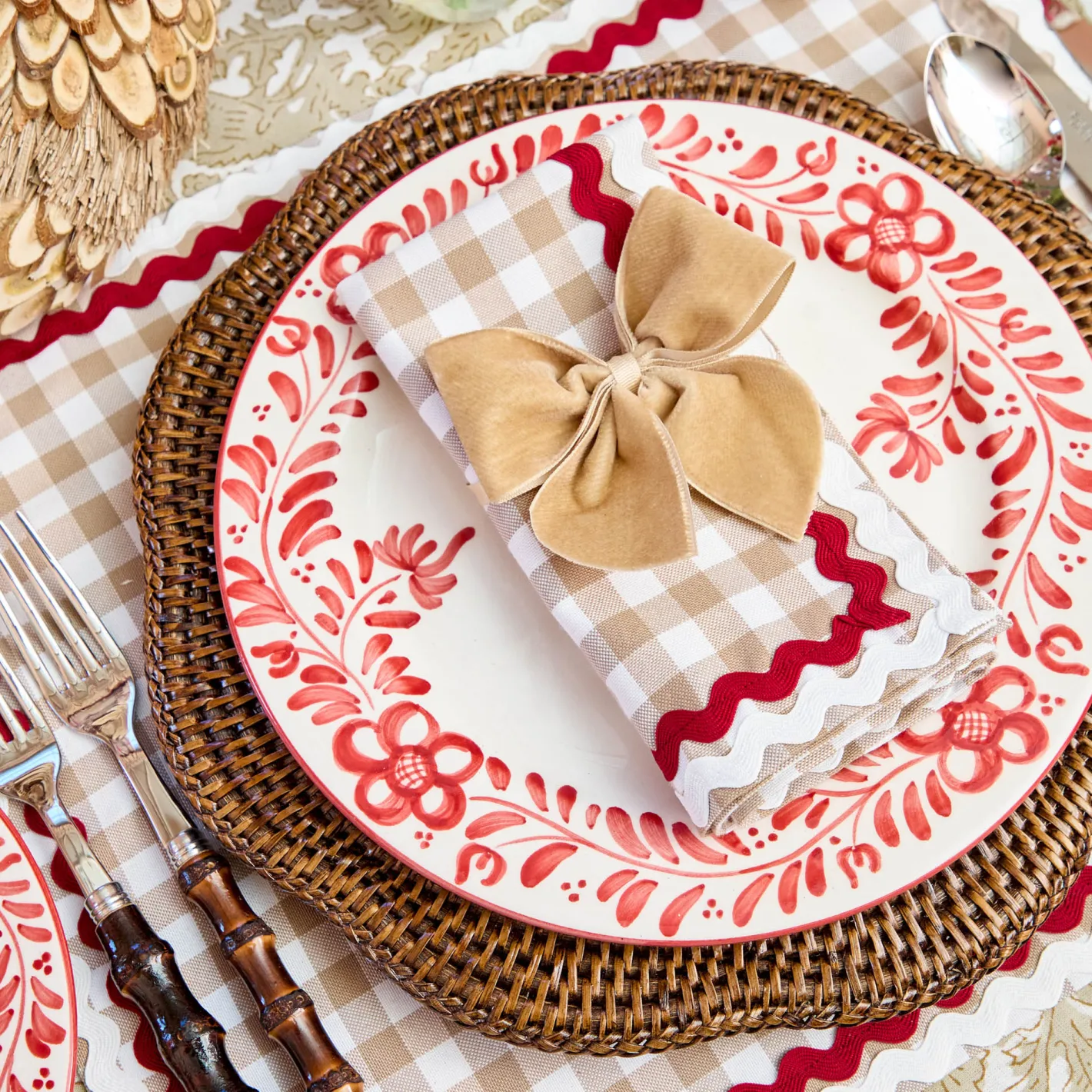 Table Linen Sets<Mrs. Alice Rossina Putty Gingham & Red Placemats & Napkins (Set of 4)