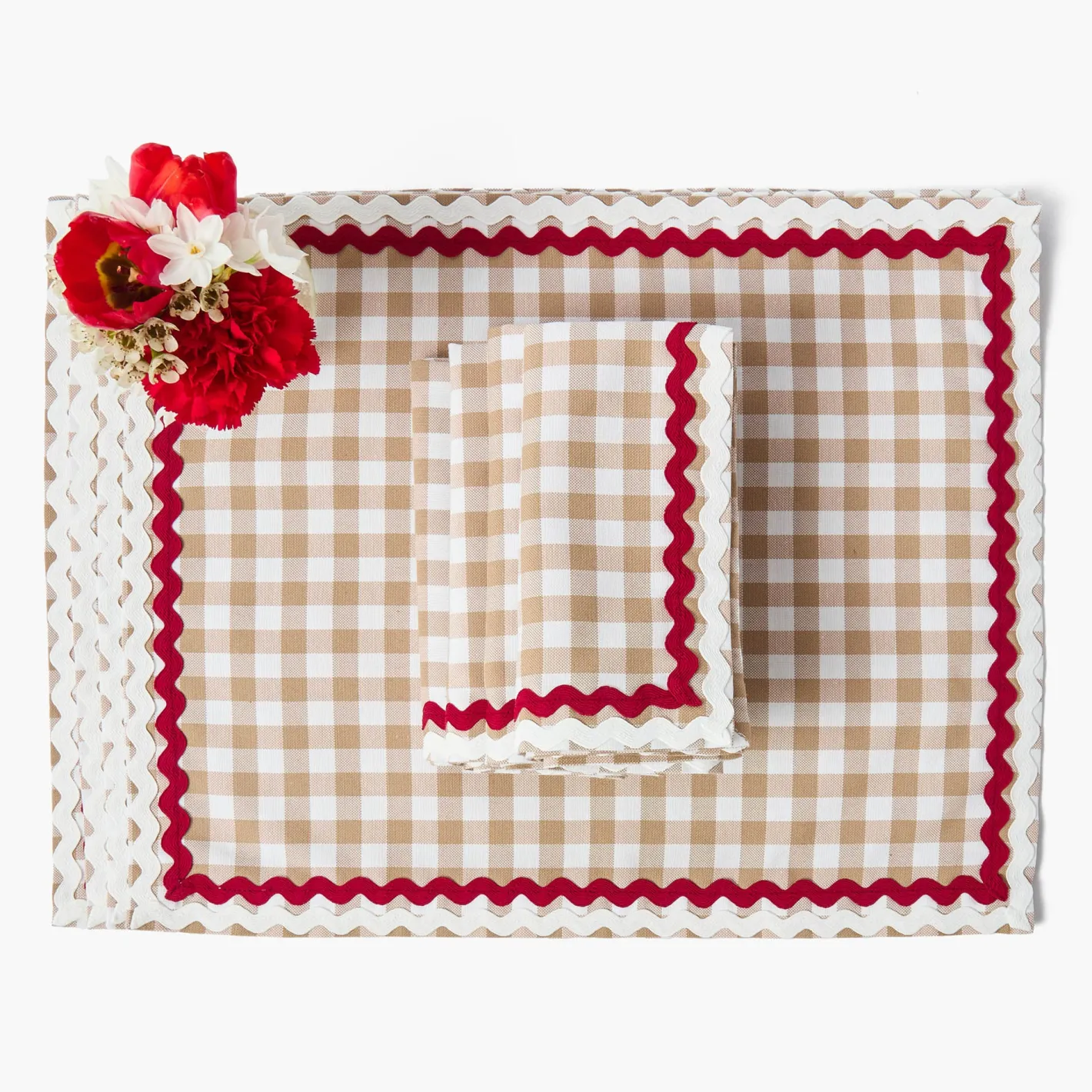 Table Linen Sets<Mrs. Alice Rossina Putty Gingham & Red Placemats & Napkins (Set of 4)
