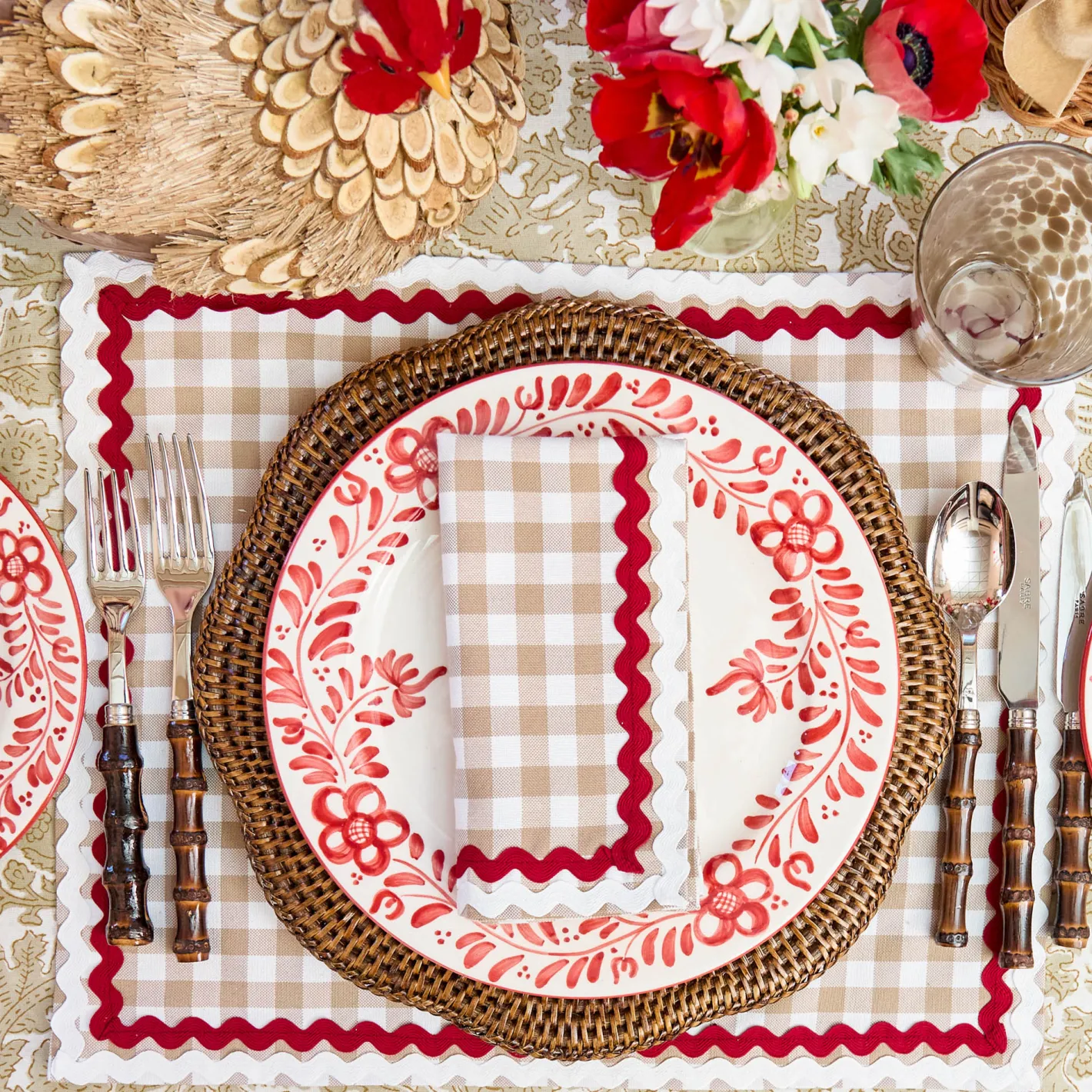 Table Linen Sets<Mrs. Alice Rossina Putty Gingham & Red Placemats & Napkins (Set of 4)